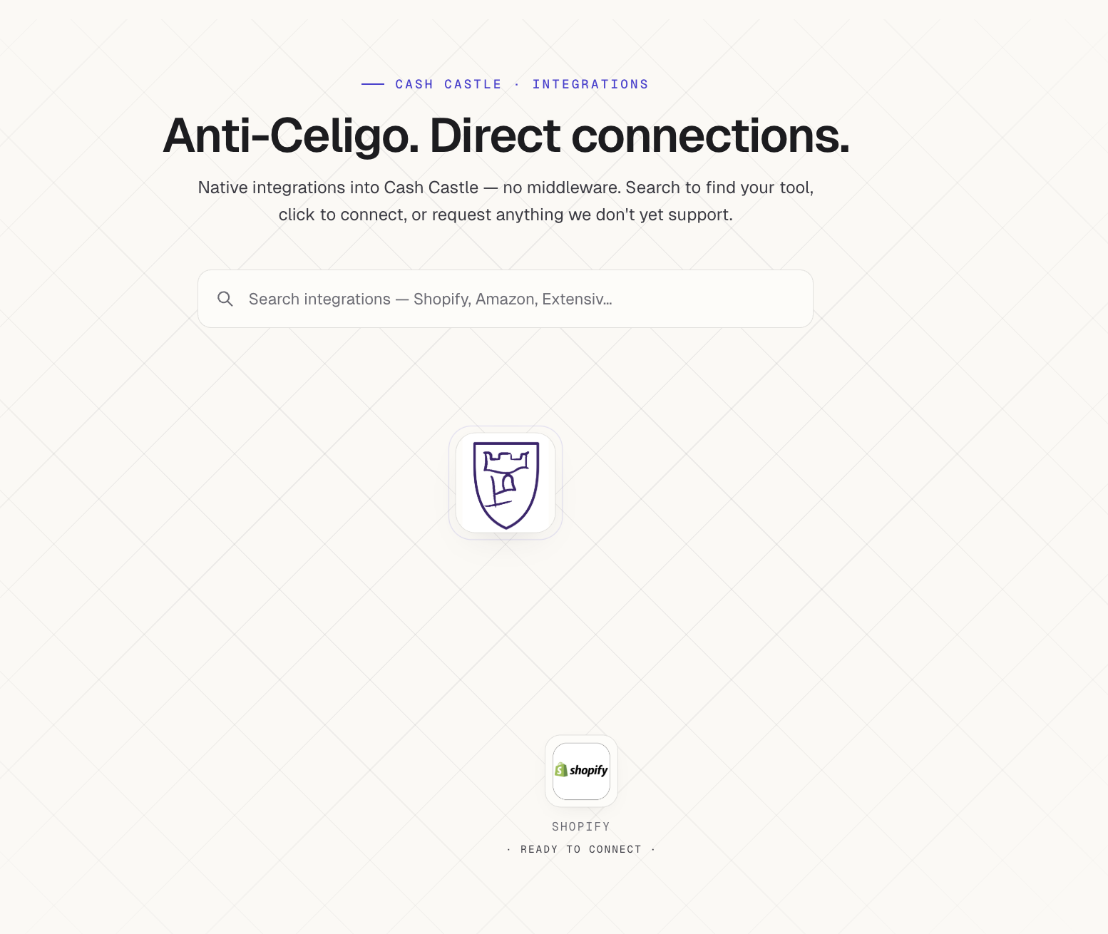 Castle integrations dashboard — visual hub-and-spoke with search