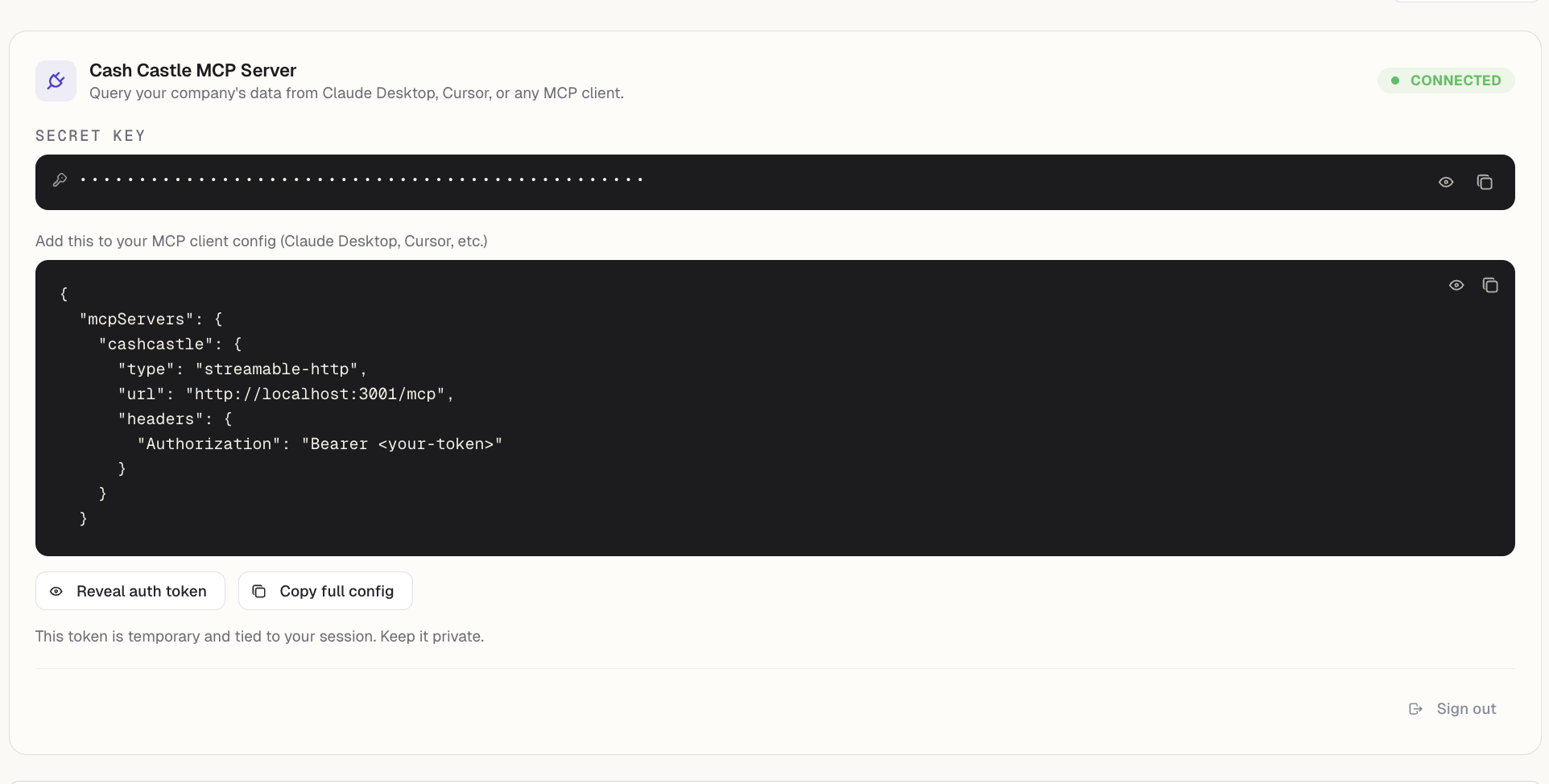 Castle MCP server connection — secret key + JSON config for Claude / Cursor